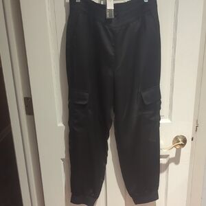 Black Satin Cargo Pants
